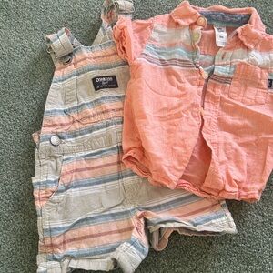 OshKosh B'gosh Coral and Beige Striped Short Overalls